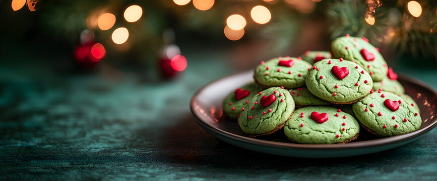 Festive green cookies with red heart decorations for Christmas. Holiday treats, whimsical design and seasonal colors. Place for text
