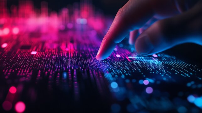 Finger touching colorful data display, abstract technology interface, digital information concept - Powered by Adobe