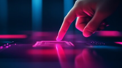 Futuristic touch interaction, finger on holographic screen, vibrant neon lights, technology innovation concept