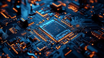 Fototapeta premium Closeup view of illuminated computer motherboard, electronic circuit board with glowing components, futuristic tech background concept