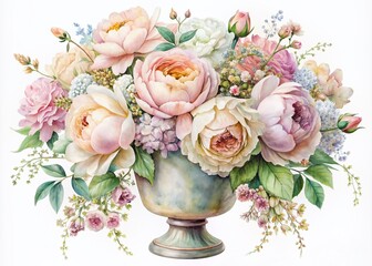 Obraz premium Delicate watercolor floral bouquet featuring pastel-hued peonies, roses, and baby's breath, beautifully arranged in a vintage-inspired ornate vase on a soft white background.