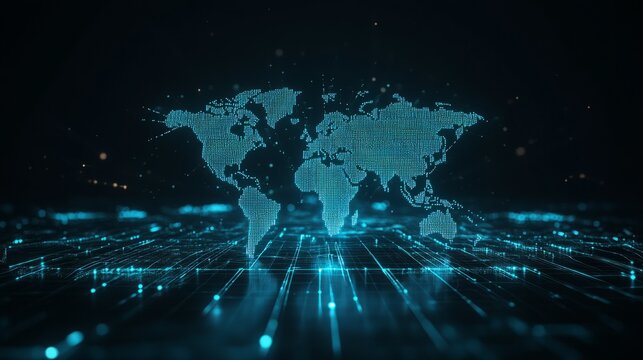 Digital world map representation with blue glowing dots, futuristic global network view, technology concept