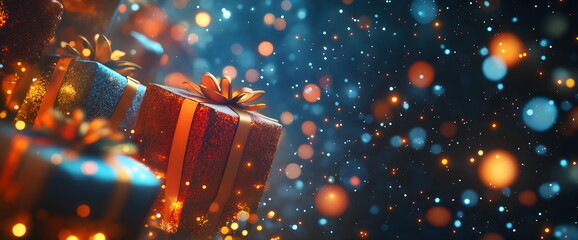 Magical holiday gift boxes with sparkling bokeh background. Festive Christmas presents, dreamy atmosphere for seasonal designs