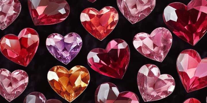 Red, pink, and purple heart-shaped gems on black.