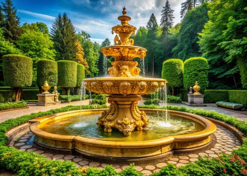 Baroque gold fountain with delicate carvings and flowing water, set amidst lush greenery, exudes opulence and sophistication in a serene, luxurious outdoor ambiance.