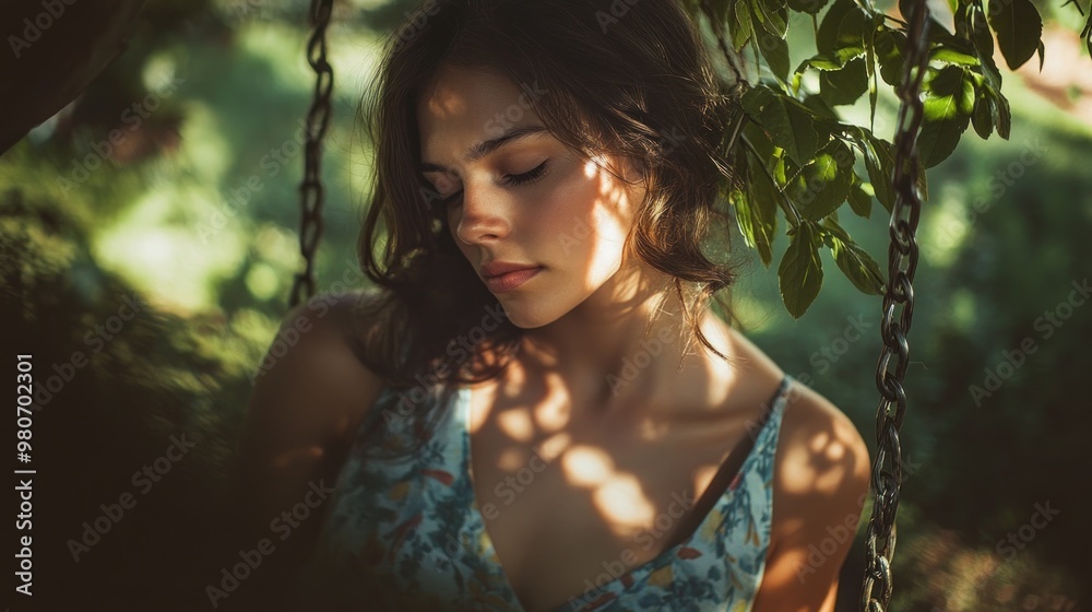 Sticker A serene portrait of a young woman surrounded by nature, with soft light and shadows.