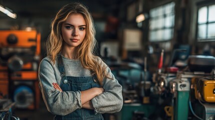 Fototapeta premium Female Mechanic with Crossed Arms in Auto Repair Workshop, Ideal for Promoting Gender Equality in Labor Fields