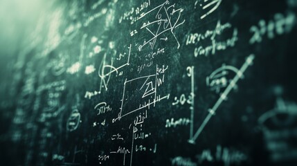 Mathematical formulas on blackboard, complex science equations and geometric shapes, education and knowledge concept