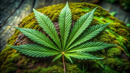 Vibrant green cannabis leaf with serrated edges and prominent veins lies on a soft, mossy background, showcasing nature's beauty and the plant's intricate details.