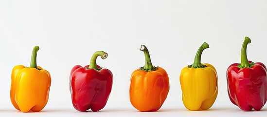 Copy space image featuring four colorful bell peppers isolated against a white background