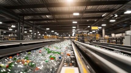Obraz premium Recycling Plant, Plastic Bottles on Conveyor Belt, Modern Industry, Waste Management Process