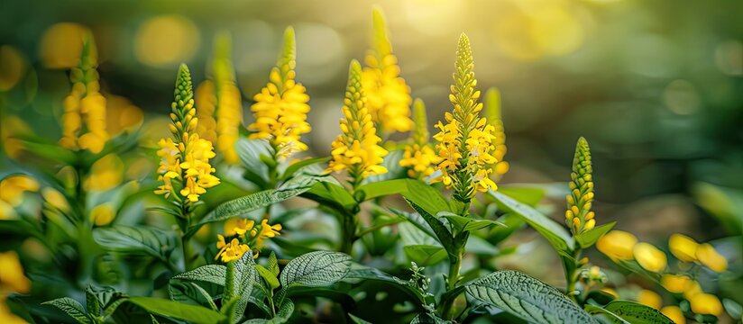 A close up view of a flowering perennial plant Lysimachia vulgaris with bright yellow flowers on a flowerbed in the park ideal for a copy space image