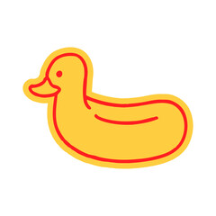 Hand-drawn yellow inflatable lifebuoy in the shape of a duck. Fun and playful sticker symbolizing help, safety, and summer vibes. Vector illustration for creativity, relaxation, and problem-solving.