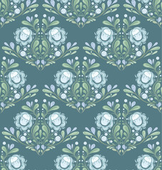 Decorative vector pattern with bouquet of blue flowers in rococo style. Victorian floral textile. National surface design with flowers and foliage for fabrics, tablecloths and curtains