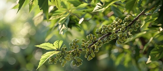 Obraz premium Caucasian Walnut or Pterocarya Fraxinifolia tree branches with fruit in the park or garden belonging to the Juglandaceae family in a copy space image
