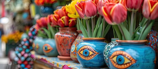 Ceramic tulip ornaments and evil eye beads displayed at a Mediterranean market with copy space image