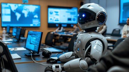 Futuristic Robotics Conference Room with Experts Presenting Ideas and Prototypes