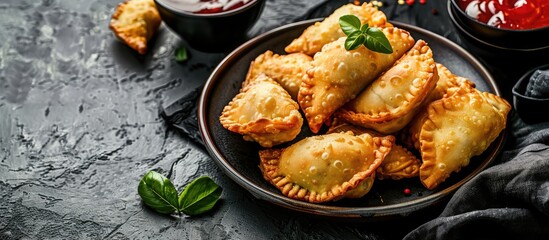 A traditional Indonesian Chinese dish called pia pia daging ayam consisting of fried dough with chicken filling displayed on a plate with copy space image