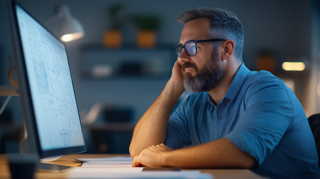 A focused man with beard is working late at desk, staring intently at computer screen in dimly lit office. His expression shows concentration and determination.