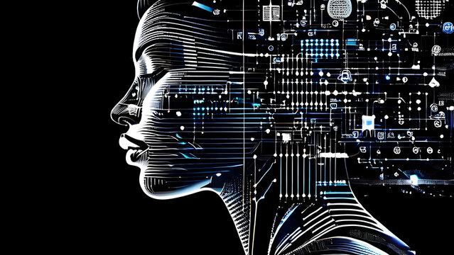 Visually represent the flow of data or light in the form of a human, Add digital patterns or flows around the human head to make it look like the AI ​​is understanding human thoughts.