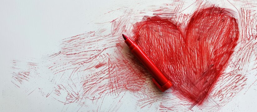 A realistic red marker drawing of a heart on white isolated background with red chalk Hand painted red marker on paper with copy space image