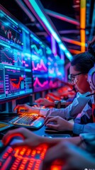 Cutting-Edge Technology Hub: Diverse Teams Analyzing Trends in Vibrant Environment
