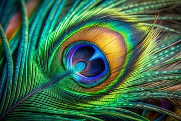 Vibrant iridescent eye of a peacock feather shines in close-up, showcasing intricate patterns, shimmering blues and emerald greens, and delicate wispy tendrils.