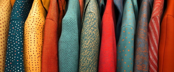 Colorful patterned leather jackets on display rack