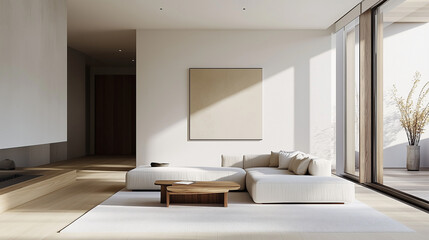 Sleek, minimalist interiors with a focus on functionality, light wood, and neutral tones, paired with bold, modern art. Modern Scandinavian interior design concept 