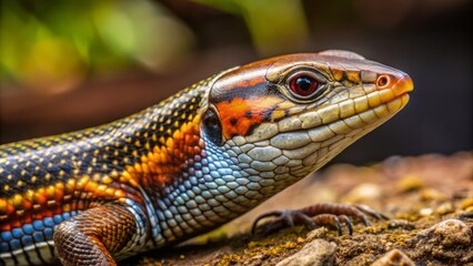 Fototapeta premium The broad-headed skink's scales shimmer with vibrant greens and browns, forming intricate patterns that dance across