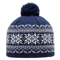 Knitted winter hat with nordic geometric ornament and pompon isolated
