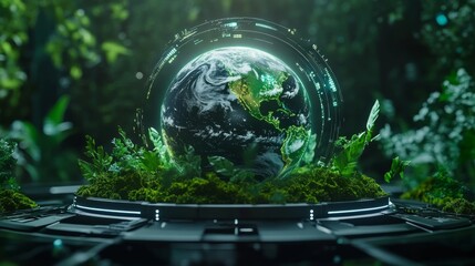 3D rendering, a digital hologram of the Earth on top of an electronic board with green vegetation and blue lights around it, against a dark background