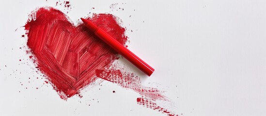 A realistic red marker drawing of a heart on white isolated background with red chalk Hand painted red marker on paper with copy space image