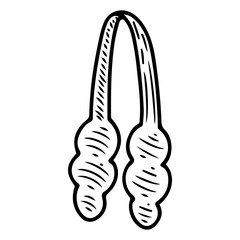 Cooking tongs hand drawn doodle. Food transfer device, steak flipping, salad mixing. Tableware. Kitchen utensils. Household appliance. Vector sketch line art illustration.