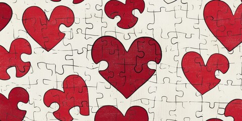 Red heart puzzle pieces on white background.