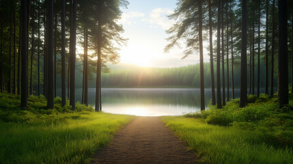 Obraz premium A serene forest landscape at sunrise, featuring tall trees lining tranquil lake. soft light reflects on water, creating peaceful atmosphere.