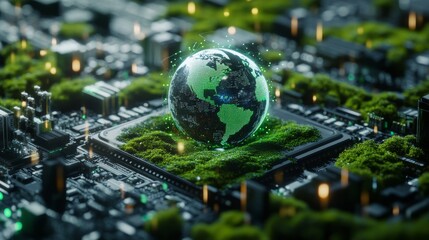 3D rendering, a digital hologram of the Earth on top of an electronic board with green vegetation and blue lights around it, against a dark background