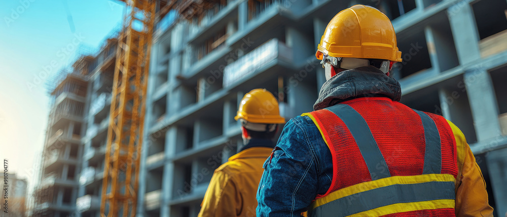 Wall mural Two men in construction gear are standing in front of a building. They are wearing hard hats and safety vests