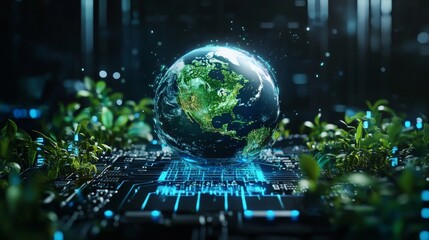 Fototapeta premium 3D rendering, a digital hologram of the Earth on top of an electronic board with green vegetation and blue lights around it, against a dark background