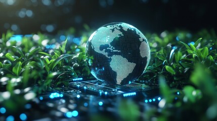 3D rendering, a digital hologram of the Earth on top of an electronic board with green vegetation and blue lights around it, against a dark background