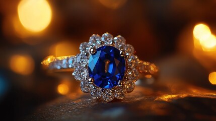 A close-up of an elegant sapphire ring surrounded by soft, glowing lights.