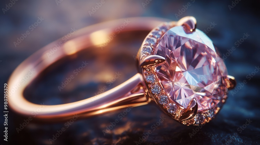 Poster A close-up of an elegant rose gold engagement ring featuring a large pink gemstone.