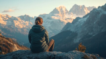 Naklejka premium A person sitting on a rock, gazing at majestic mountains during sunset.