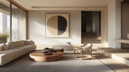 Sleek, minimalist interiors with a focus on functionality, light wood, and neutral tones, paired...