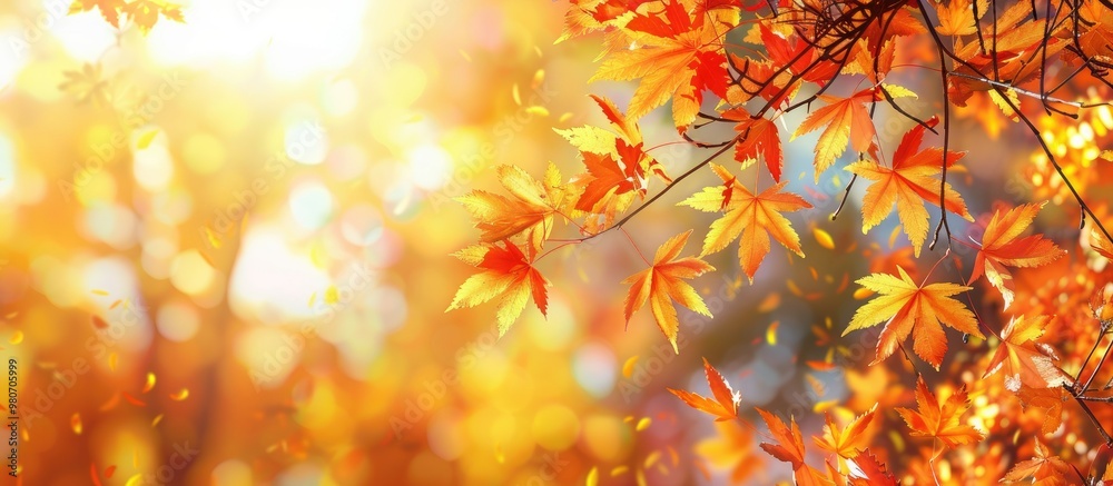 Wall mural a maple tree branch with autumn colors against a clear sunny sky with a blurred background of bright