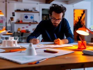 Fototapeta premium Creative Minds at Work: Industrial Designers Innovating in Cozy Workshop