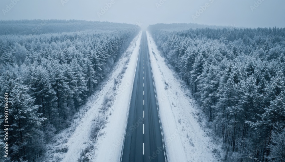 Poster Aerial view of an empty highway in winter, surrounded by a snowy forest. Road runs straight through the landscape with white trees on both sides. A sense of solitude and calm is captured in this image
