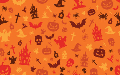 Seamless Halloween Pattern with Ghosts, Pumpkins, Skulls, Bats, Haunted Houses, and Spiders on an Orange Background – Spooky Holiday Design