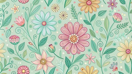 Whimsical doodle flowers in pastel hues bloom on a soft green background, forming a seamless pattern of delicate petals and swirling stems.