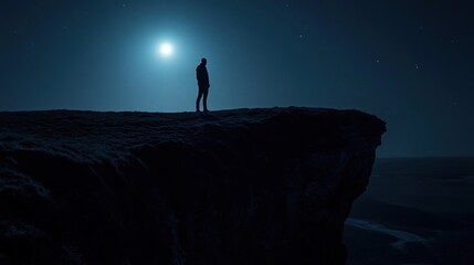 Fototapeta premium A solitary figure stands on a cliff under a bright moon, evoking contemplation and solitude.